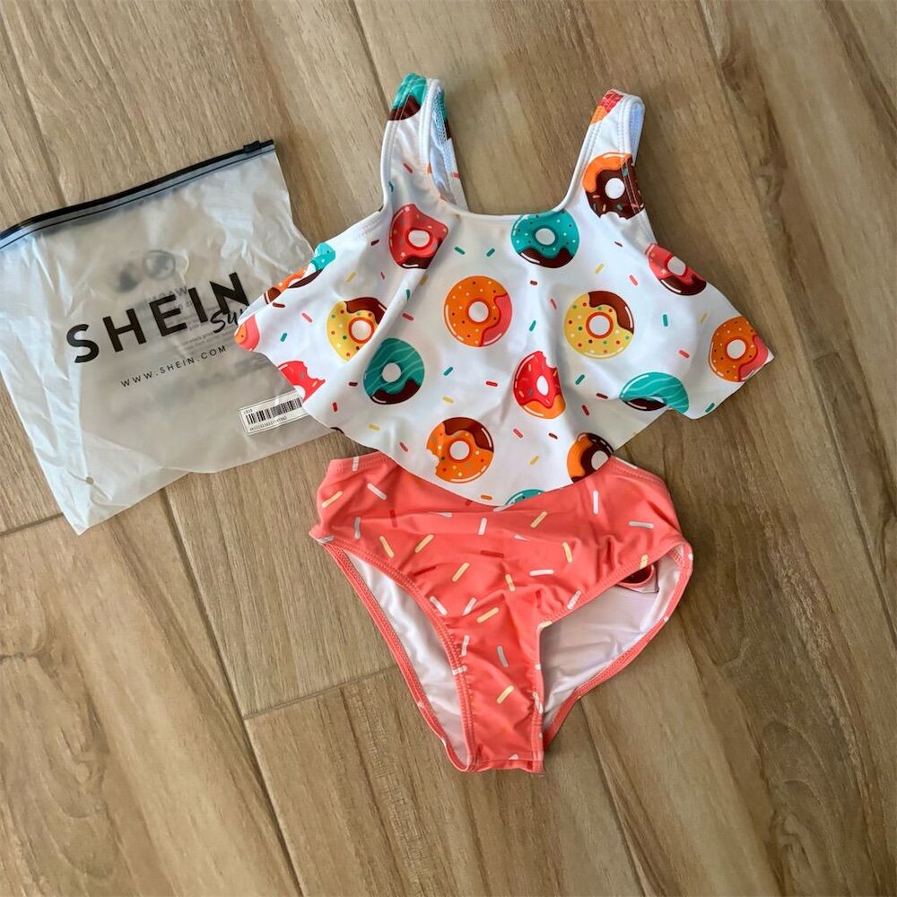 SHEIN Girls Donut Print Ruffle Trim Bikini Set Size 7 Multicolor